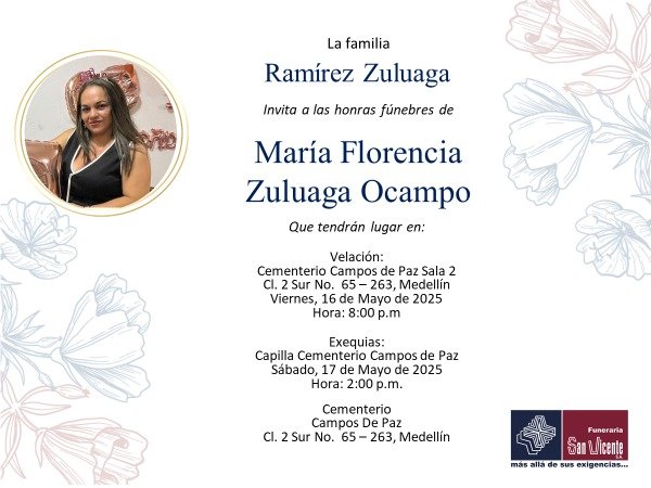 Condolencias Maria Florencia Zuluaga Ocampo