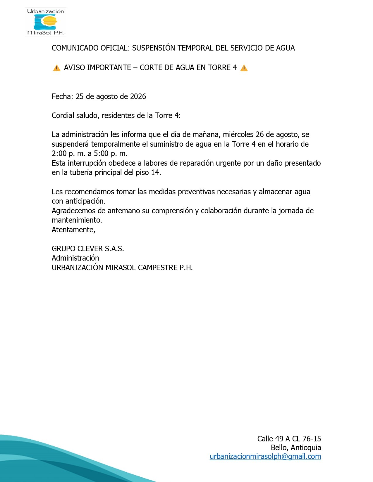 Notificacion a residentes de la torre 4, reparacion de tuberia principal