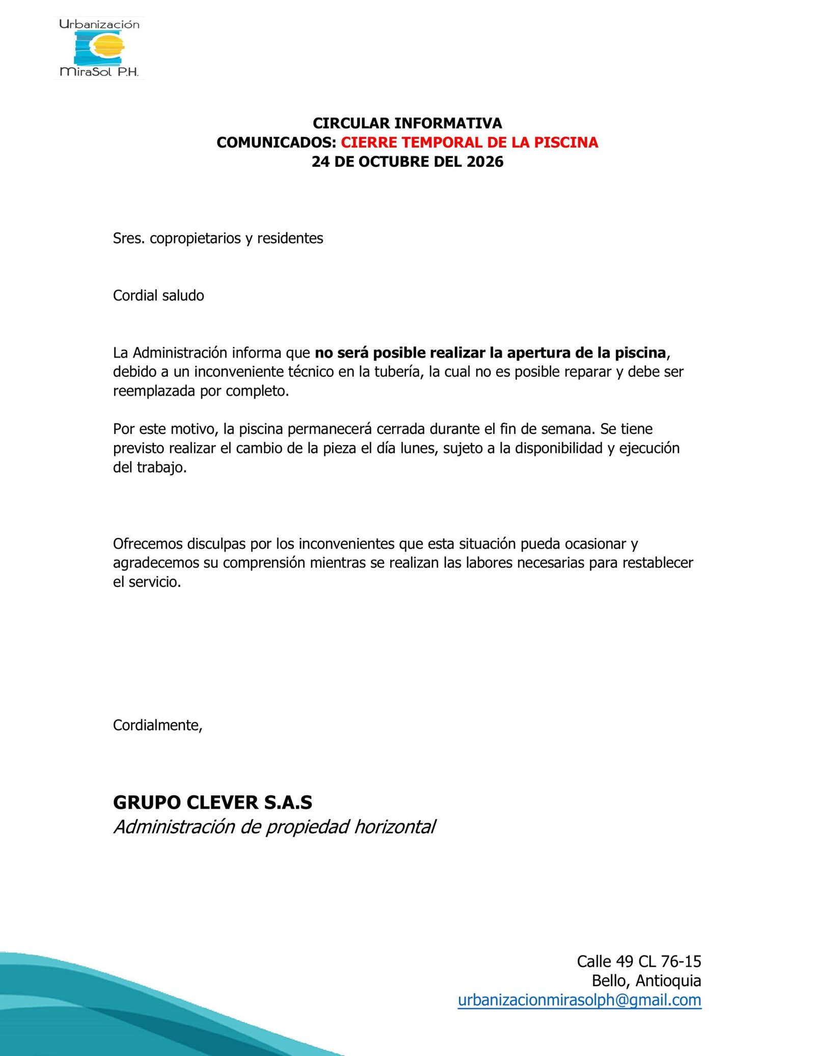 CIRCULAR INFORMATIVA CIERRE DE LA PISCINA