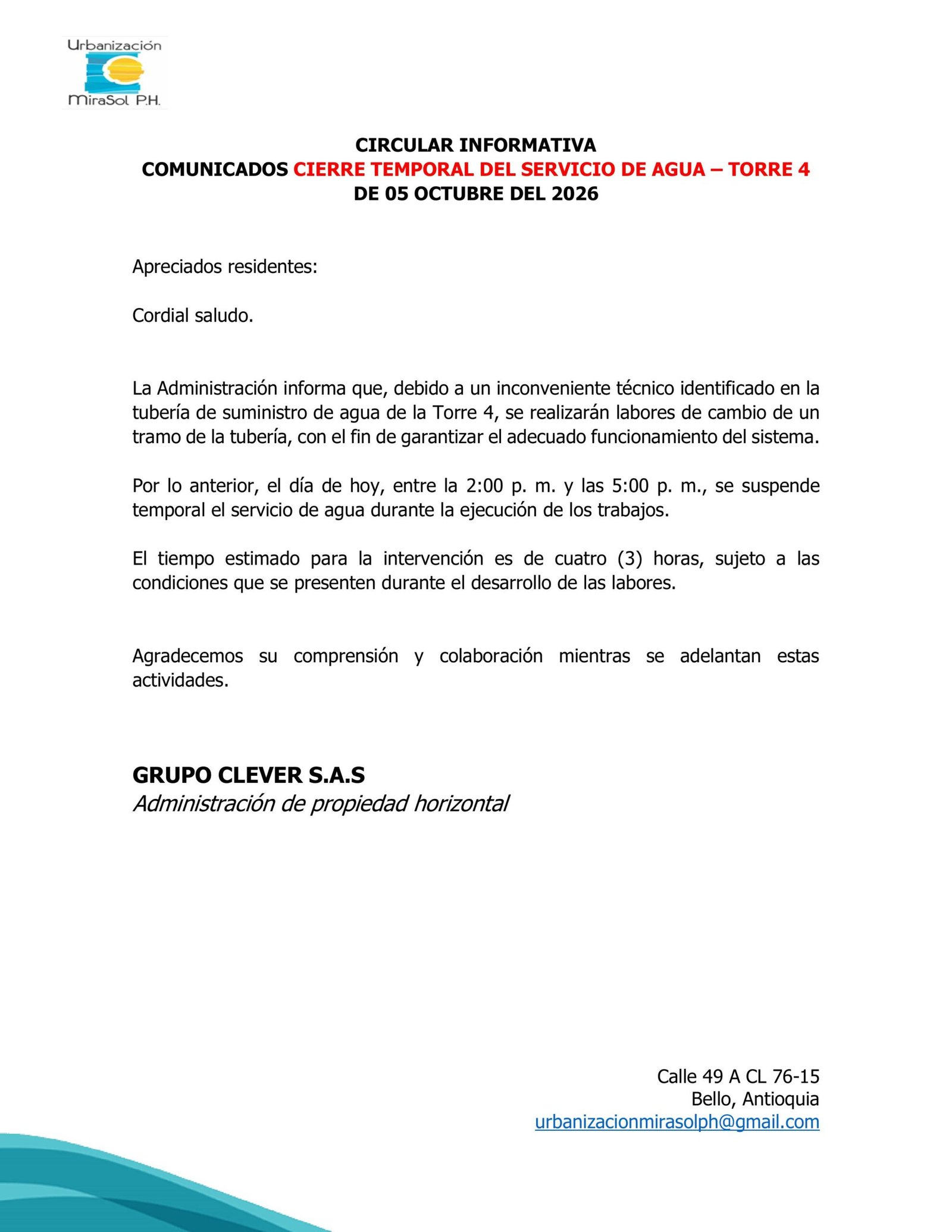 CIRCULAR INFORMATIVA CIERRE TEMPORAL DEL SERVICIO DE AGUA TORRE 4