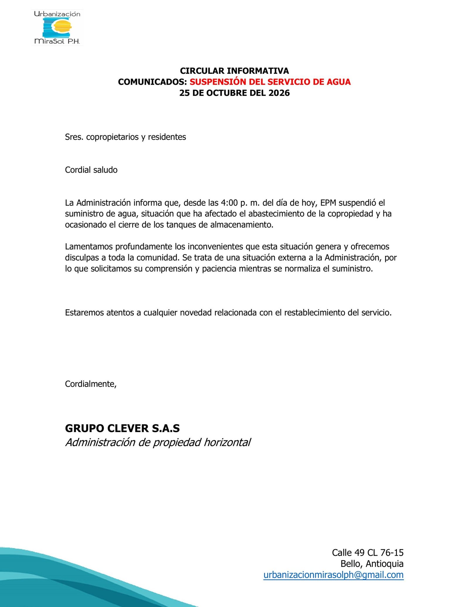 CIRCULAR INFORMATIVA SUSPENSIÓN DEL SERVICIO DE AGUA