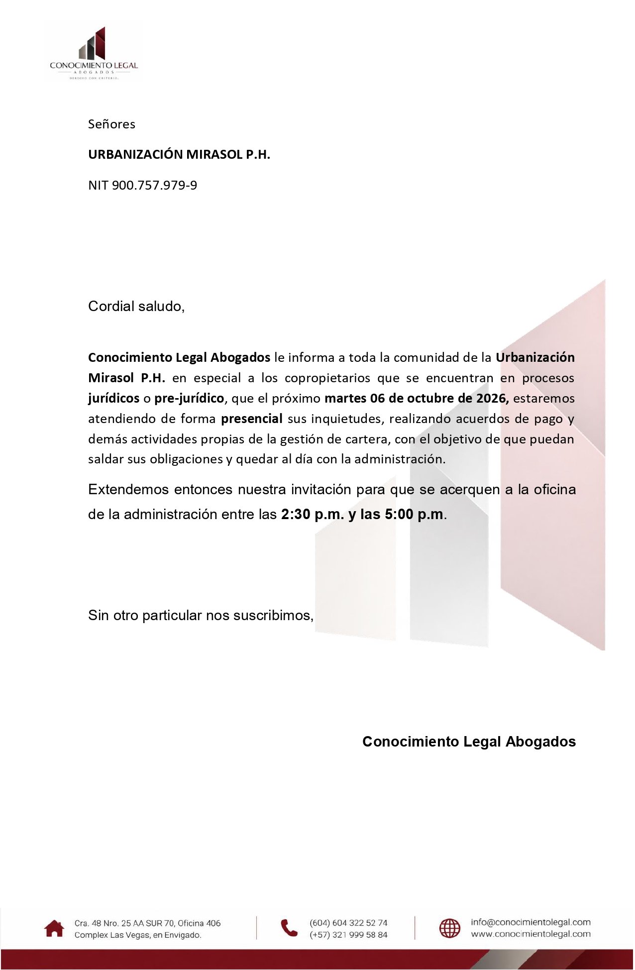 Carta visita unidad Mirasol octubre 2026